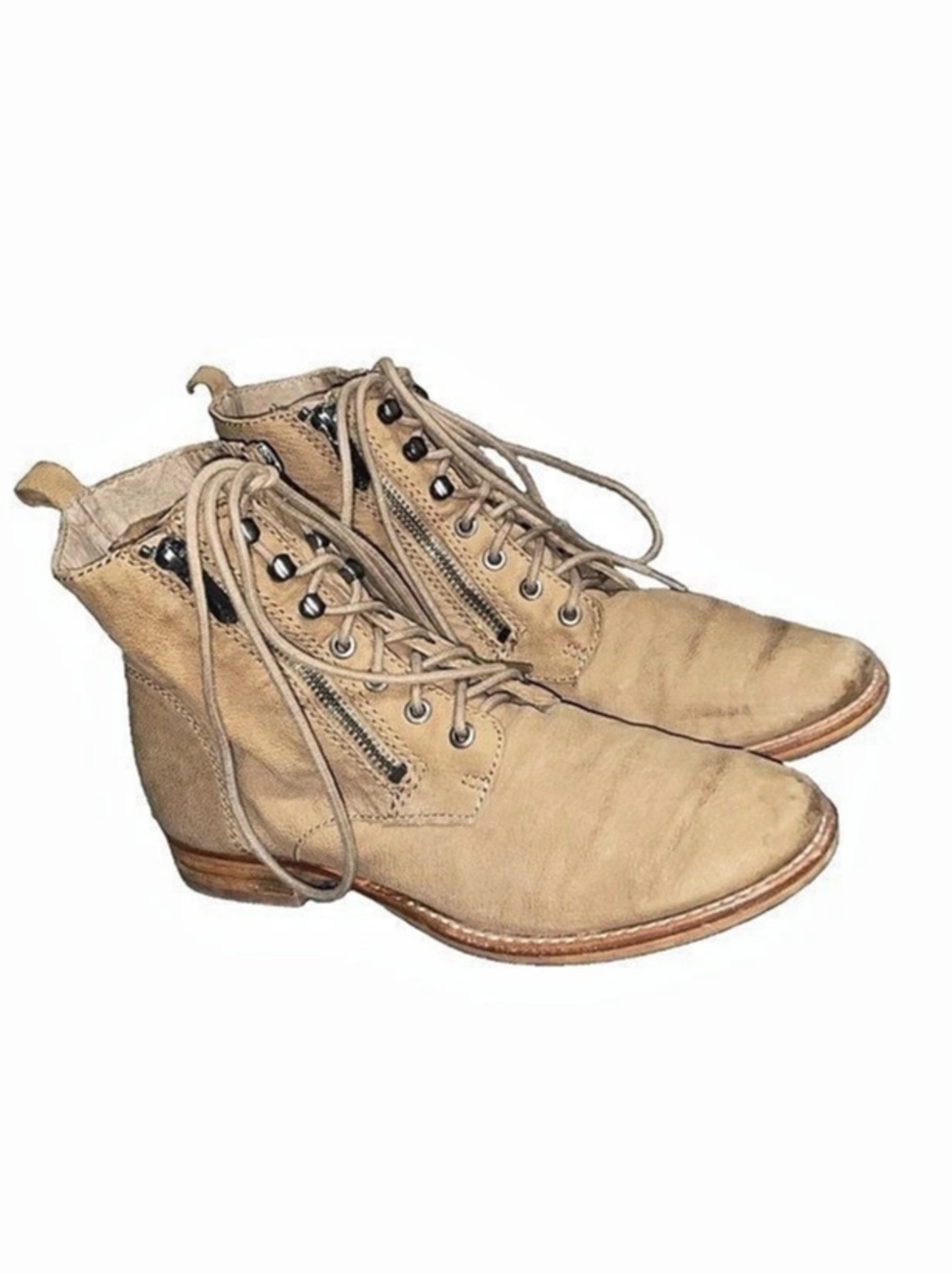 Sam Edelman Mackay Lace Up Combat Boots Tan Brown Leather Double Side Zip Sz 6.5